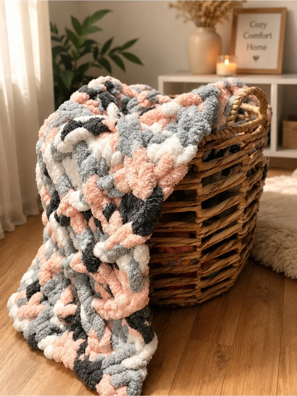 Hand Crafted Cozy Chenille Throw Blanket in Blush, Gray & White